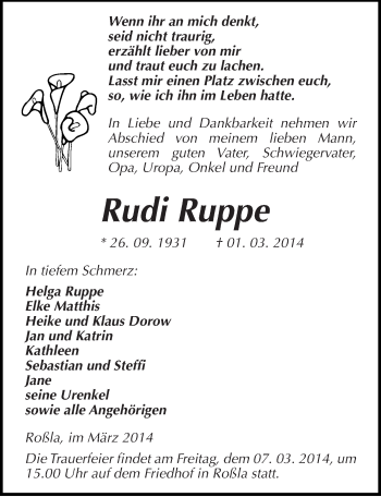 Traueranzeige von Rudi Ruppe von Mitteldeutsche Zeitung Sangerhausen