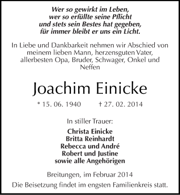 Traueranzeige von Joachim Einicke von Mitteldeutsche Zeitung Sangerhausen