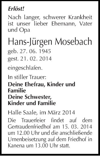 Traueranzeige von Hans-Jürgen Mosebach von Mitteldeutsche Zeitung Halle/Saalkreis