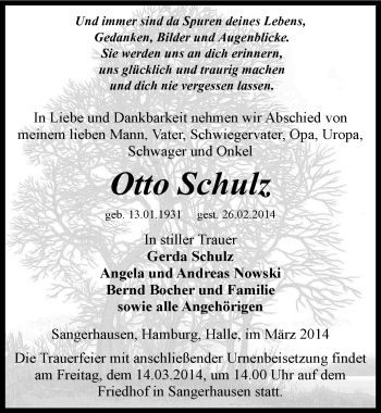 Traueranzeige von Otto Schulz von Mitteldeutsche Zeitung Sangerhausen