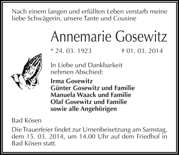 Traueranzeige von Annemarie Gosewitz von Mitteldeutsche Zeitung Naumburg/Nebra