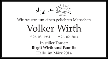 Traueranzeige von Volker Wirth von Mitteldeutsche Zeitung Halle/Saalkreis
