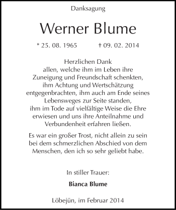 Traueranzeige von Werner Blume von Mitteldeutsche Zeitung Halle/Saalkreis