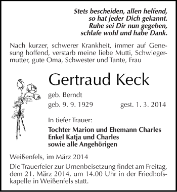 Traueranzeige von Gertraud Keck von Mitteldeutsche Zeitung Weißenfels