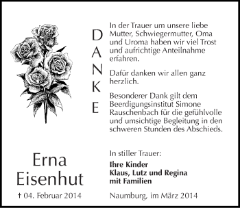 Traueranzeige von Erna Eisenhut von Mitteldeutsche Zeitung Naumburg/Nebra