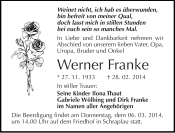 Traueranzeige von Werner Franke von Mitteldeutsche Zeitung Merseburg/Querfurt
