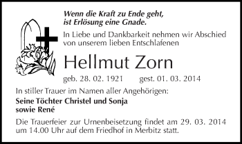 Traueranzeige von Hellmut Zorn von Mitteldeutsche Zeitung Halle/Saalkreis