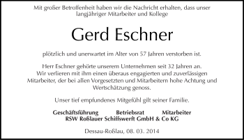 Traueranzeige von Gerd Eschner von Mitteldeutsche Zeitung Wittenberg