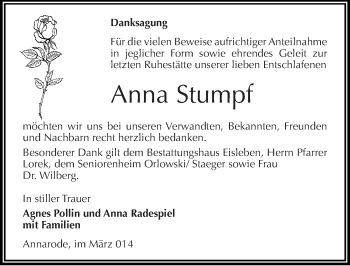 Traueranzeige von Anna Stumpf von Mitteldeutsche Zeitung Mansfelder Land