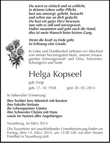 Traueranzeige von Helga Kopseel von Mitteldeutsche Zeitung Naumburg/Nebra