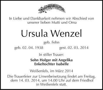Traueranzeige von Ursula Wenzel von Mitteldeutsche Zeitung Weißenfels