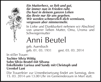 Traueranzeige von Anni Beutel von Mitteldeutsche Zeitung Halle/Saalkreis