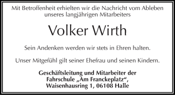 Traueranzeige von Volker Wirth von Mitteldeutsche Zeitung Halle/Saalkreis