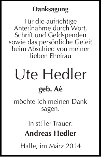 Traueranzeige von Ute Hedler von Mitteldeutsche Zeitung Halle/Saalkreis
