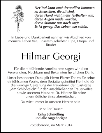 Traueranzeige von Hilmar Georgi von Mitteldeutsche Zeitung Sangerhausen