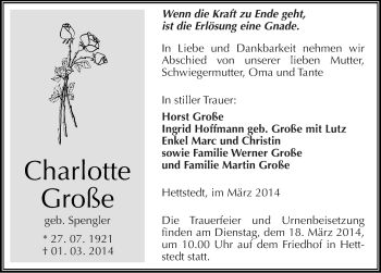 Traueranzeige von Charlotte Große von Mitteldeutsche Zeitung Mansfelder Land
