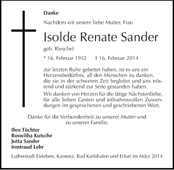 Traueranzeige von Isolde Renate Sander von Mitteldeutsche Zeitung Mansfelder Land