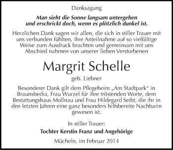 Traueranzeige von Margrit Schelle von Mitteldeutsche Zeitung Merseburg/Querfurt