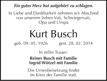 Traueranzeige von Kurt Busch von Mitteldeutsche Zeitung Halle/Saalkreis