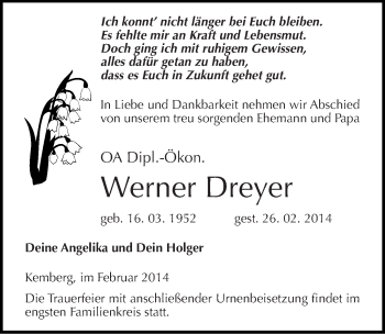 Traueranzeige von Werner Dreyer von Mitteldeutsche Zeitung Wittenberg
