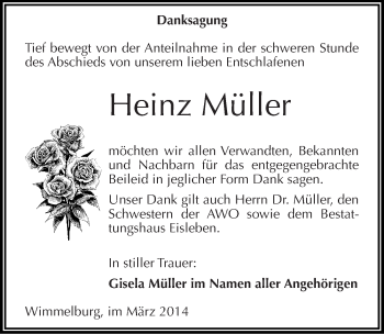 Traueranzeige von Heinz Müller von Mitteldeutsche Zeitung Mansfelder Land