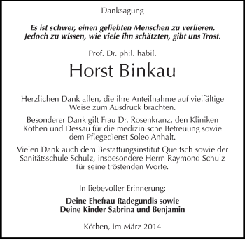 Traueranzeige von Horst Binkau von Mitteldeutsche Zeitung Köthen