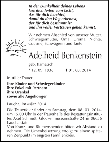 Traueranzeige von Adelheid Benkenstein von Mitteldeutsche Zeitung Naumburg/Nebra