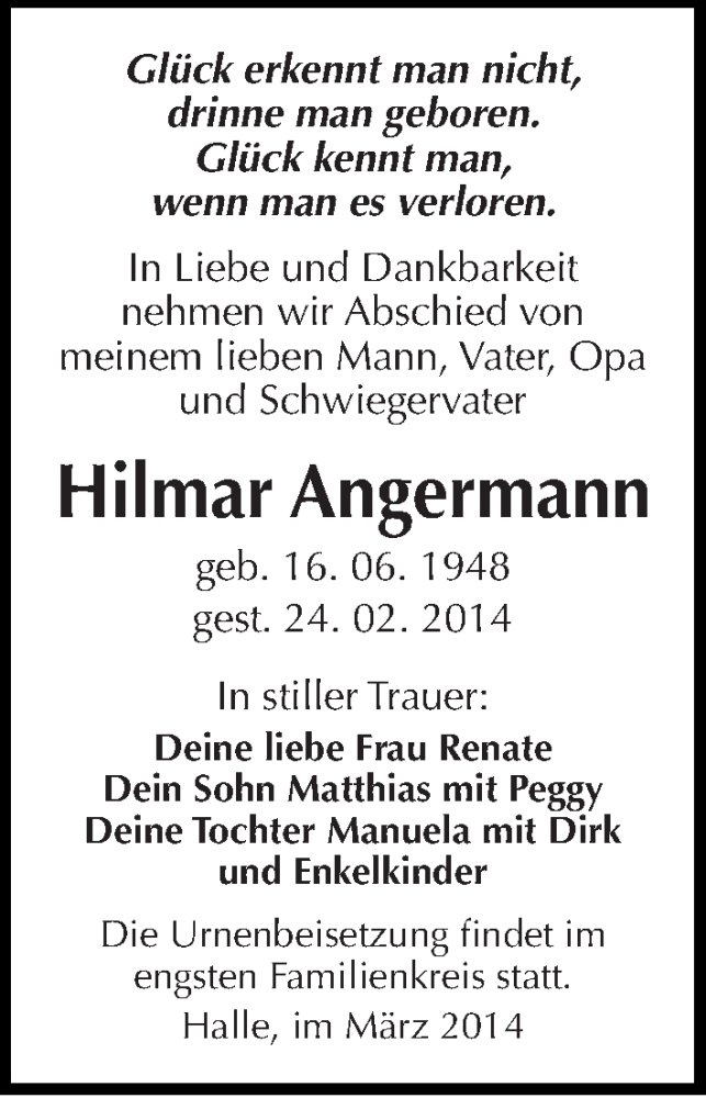  Traueranzeige für Hilmar Angermann vom 08.03.2014 aus Mitteldeutsche Zeitung Halle/Saalkreis