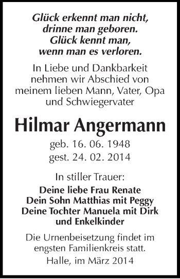 Traueranzeige von Hilmar Angermann von Mitteldeutsche Zeitung Halle/Saalkreis