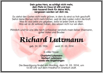 Traueranzeige von Richard Lutzmann von Mitteldeutsche Zeitung Köthen