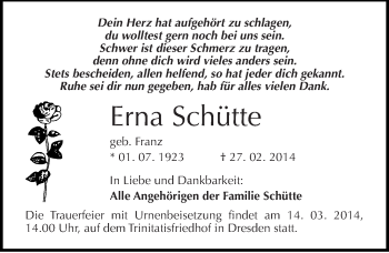Traueranzeige von Erna Schütte von Mitteldeutsche Zeitung Bitterfeld