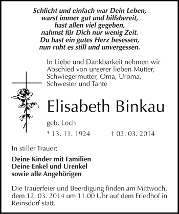 Traueranzeige von Elisabeth Binkau von Mitteldeutsche Zeitung Köthen