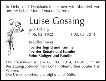 Traueranzeige von Luise Gossing von Mitteldeutsche Zeitung Bitterfeld