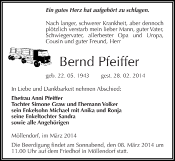 Traueranzeige von Bernd Pfeiffer von Mitteldeutsche Zeitung Mansfelder Land