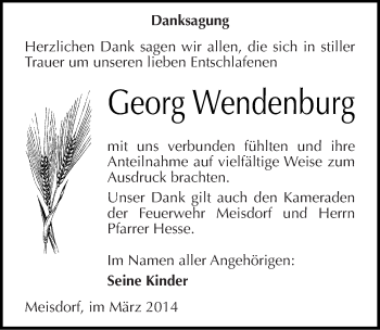 Traueranzeige von Georg Wendenburg von Mitteldeutsche Zeitung Quedlinburg
