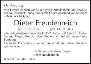 Traueranzeige von Dieter Freudenreich von Mitteldeutsche Zeitung Dessau-Roßlau