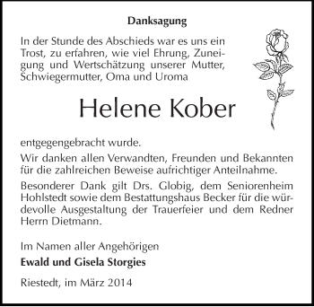 Traueranzeige von Helene Kober von Mitteldeutsche Zeitung Sangerhausen