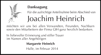 Traueranzeige von Joachim Heinrich von Mitteldeutsche Zeitung Halle/Saalkreis