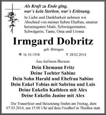 Traueranzeige von Irmgard Dobritz von Mitteldeutsche Zeitung