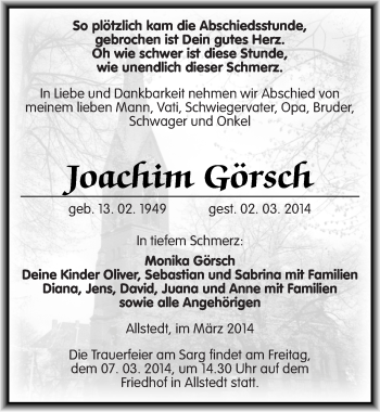 Traueranzeige von Joachim Görsch von Mitteldeutsche Zeitung Sangerhausen