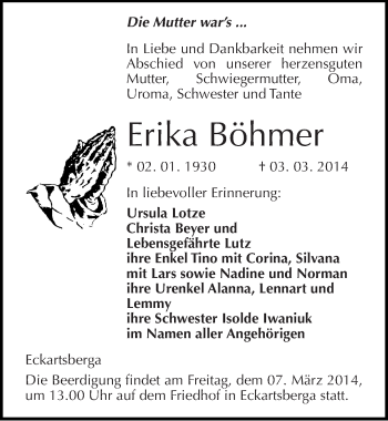 Traueranzeige von Erika Böhmer von Mitteldeutsche Zeitung Naumburg/Nebra