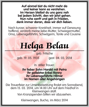 Traueranzeige von Helga Belau von Mitteldeutsche Zeitung Naumburg/Nebra