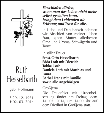 Traueranzeige von Ruth Hesselbarth von Mitteldeutsche Zeitung Naumburg/Nebra