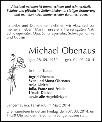 Traueranzeige von Michael Obenaus von Mitteldeutsche Zeitung Sangerhausen