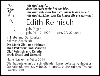 Traueranzeige von Edith Reinisch von Mitteldeutsche Zeitung Halle/Saalkreis