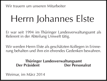 Traueranzeige von Johannes Elste von Mitteldeutsche Zeitung Naumburg/Nebra
