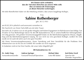 Traueranzeige von Sabine Rothenberger von Mitteldeutsche Zeitung Dessau-Roßlau