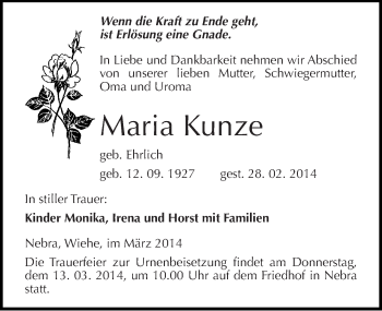 Traueranzeige von Maria Kunze von Mitteldeutsche Zeitung Naumburg/Nebra