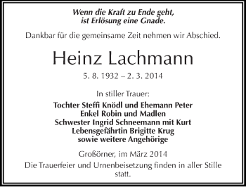 Traueranzeige von Heinz Lachmann von Mitteldeutsche Zeitung Mansfelder Land