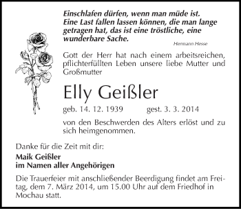 Traueranzeige von Elly Geißler von Mitteldeutsche Zeitung Wittenberg